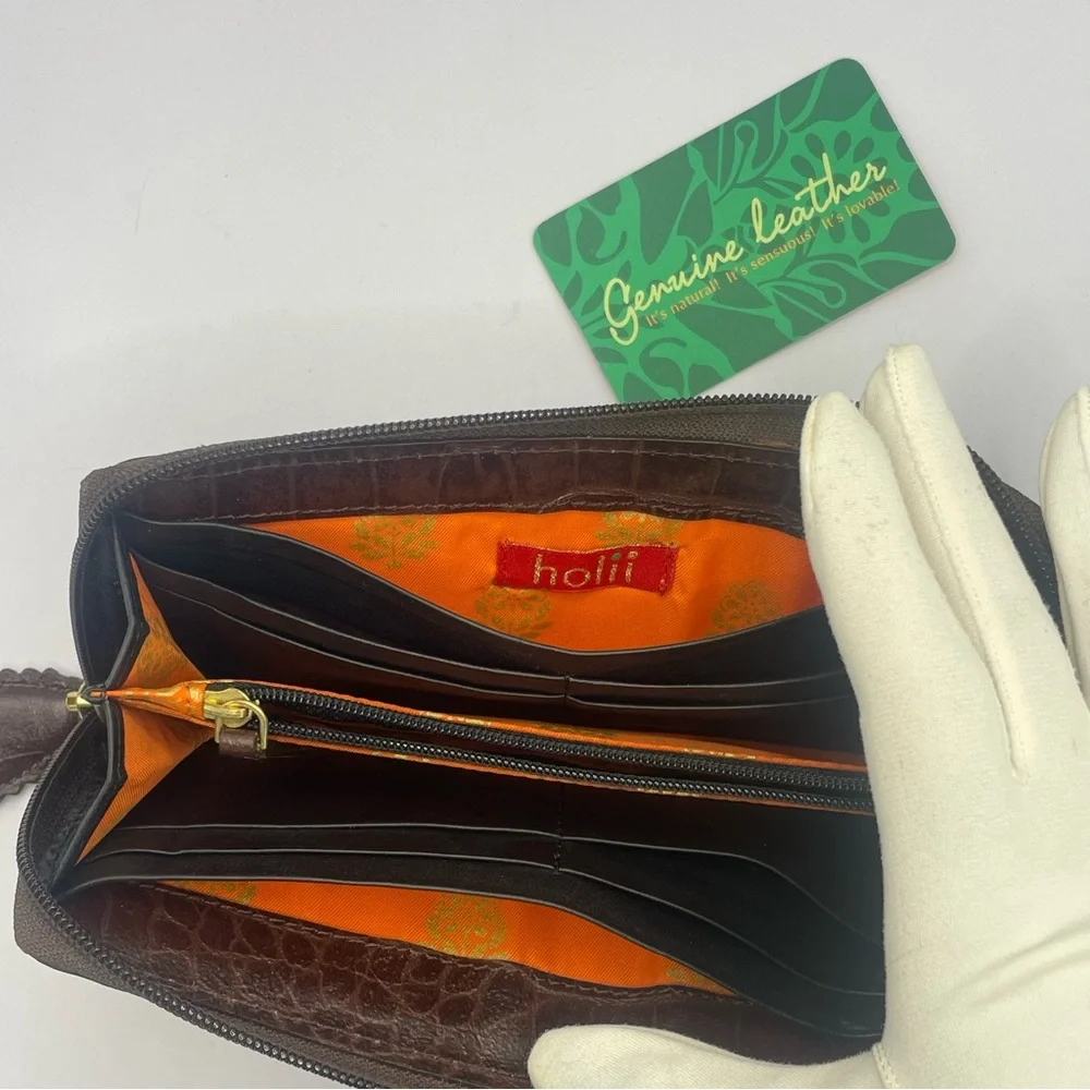 Y2K Holii Brown Embossed Leather Wallet With Antiqued Gold Hardware